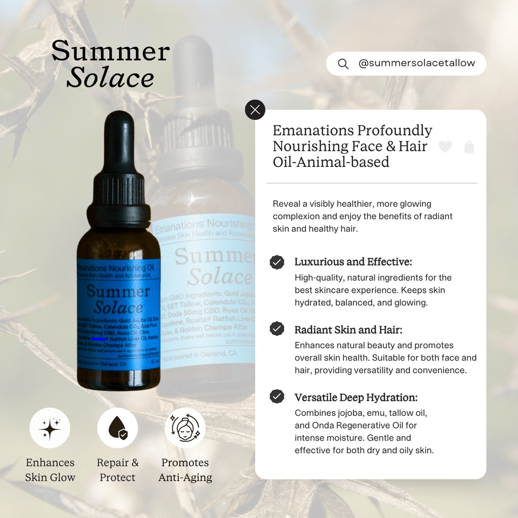 A dropper bottle labeled "Emanations Profound Face Oil" by Summer Solace Tallow sits on a light surface. Text highlights its nourishing tallow, emu oil, champa, tuberose & white ginger lily for deep hydration and anti-aging benefits.