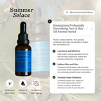 A dropper bottle labeled "Emanations Profound Face Oil" by Summer Solace Tallow sits on a light surface. Text highlights its nourishing tallow, emu oil, champa, tuberose & white ginger lily for deep hydration and anti-aging benefits.