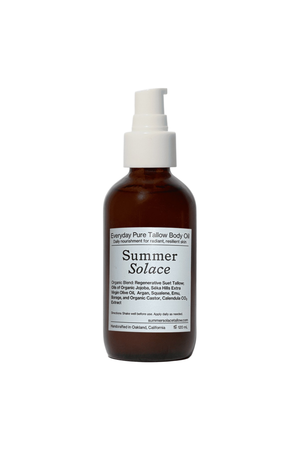 A brown glass pump bottle labeled "Everyday Pure Tallow Body Oil | Regenerative Tallow® Unscented Oil for Face, Body & Hair" by Summer Solace Tallow, shown against a white background with care instructions on the label.