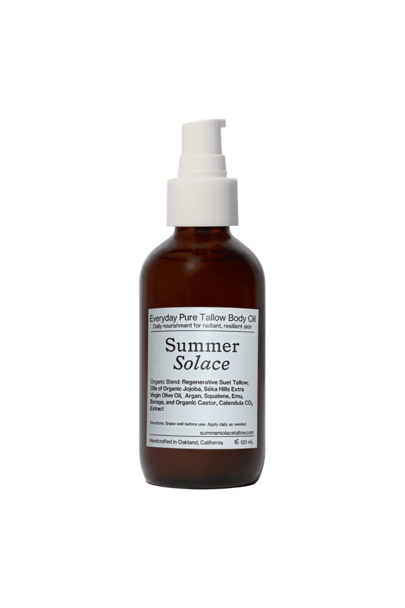 A brown glass pump bottle labeled "Everyday Pure Tallow Body Oil | Regenerative Tallow® Unscented Oil for Face, Body & Hair" by Summer Solace Tallow, shown against a white background with care instructions on the label.