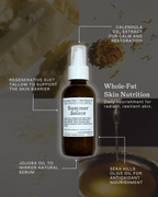 A brown bottle of Summer Solace Tallow's Everyday Pure Tallow Body Oil is centered, surrounded by ingredient callouts: regenerative suet tallow, calendula CO2 extract, jojoba oil, and olive oil with text highlighting unscented skin nourishment.