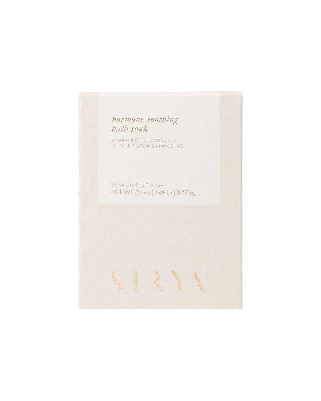 A beige box labeled "Hormone Soothing Bath Soak" by Surya, featuring Wild Yam Root and Shatavari for Ayurvedic duodosha, pitta & kapha balance. The brand name "Surya" appears embossed in gold at the bottom.