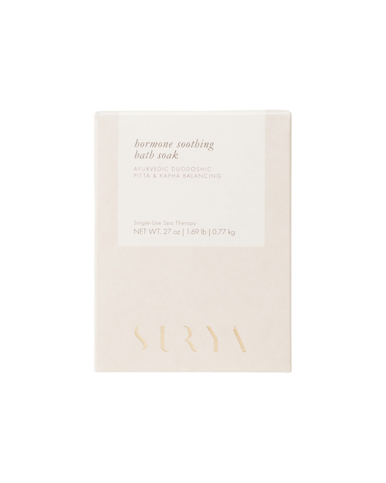 A beige box labeled "Hormone Soothing Bath Soak" by Surya, featuring Wild Yam Root and Shatavari for Ayurvedic duodosha, pitta & kapha balance. The brand name "Surya" appears embossed in gold at the bottom.