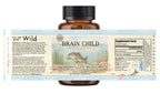A brown bottle with a colorful label reading "Brain Child" by Wild Mamas, featuring a salmon leaping from water. The label highlights wild salmon roe as an ideal baby first food, plus supplement facts and product benefits.