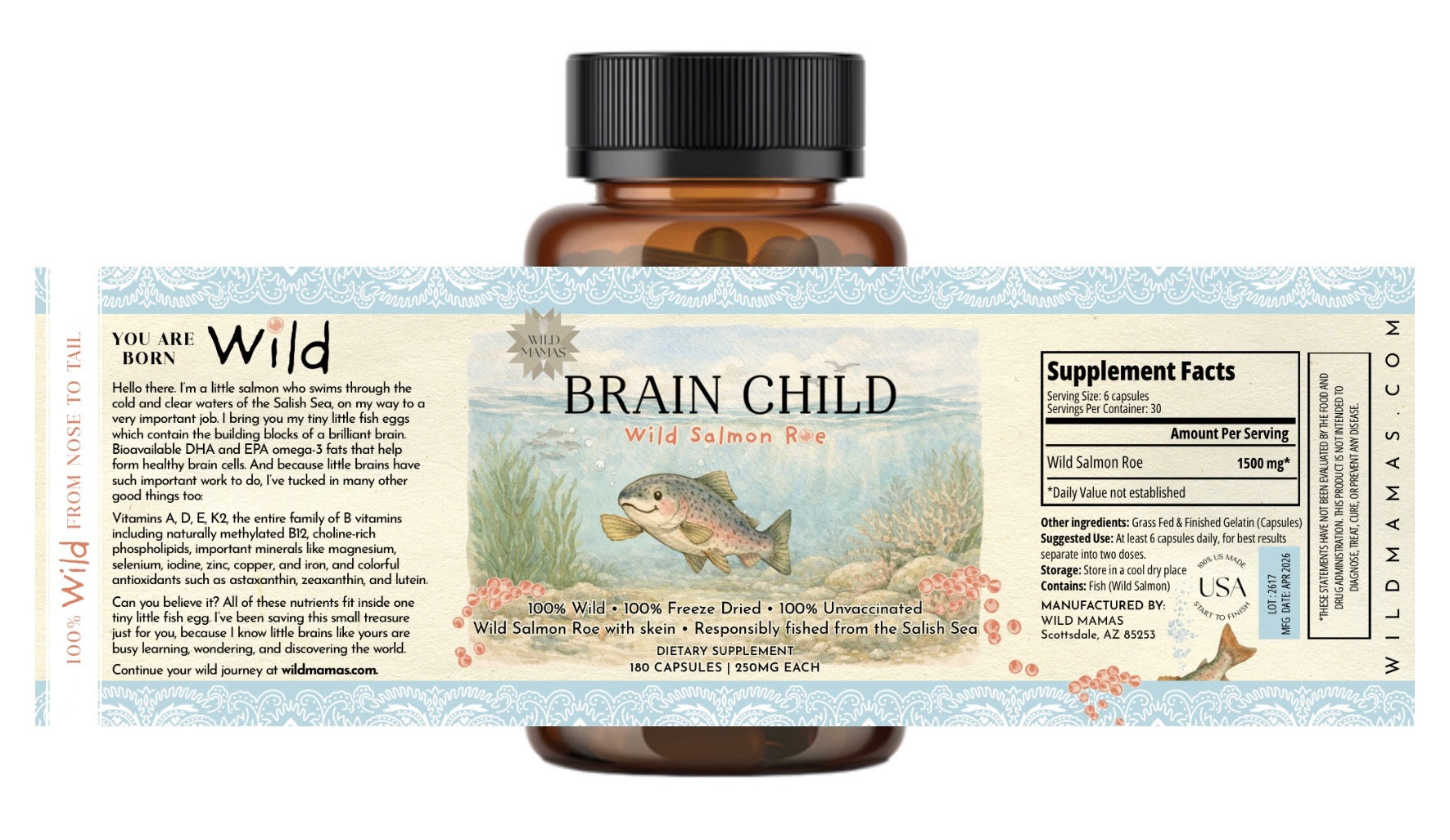 A brown bottle with a colorful label reading "Brain Child" by Wild Mamas, featuring a salmon leaping from water. The label highlights wild salmon roe as an ideal baby first food, plus supplement facts and product benefits.