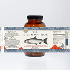 A brown jar labeled "Wild Salmon Roe" by Wild Mamas features a fish illustration, supplement facts, and describes the sustainably sourced, wild, 100% freeze dried salmon roe in grass-fed beef gelatin capsules for whole-food nutrition.