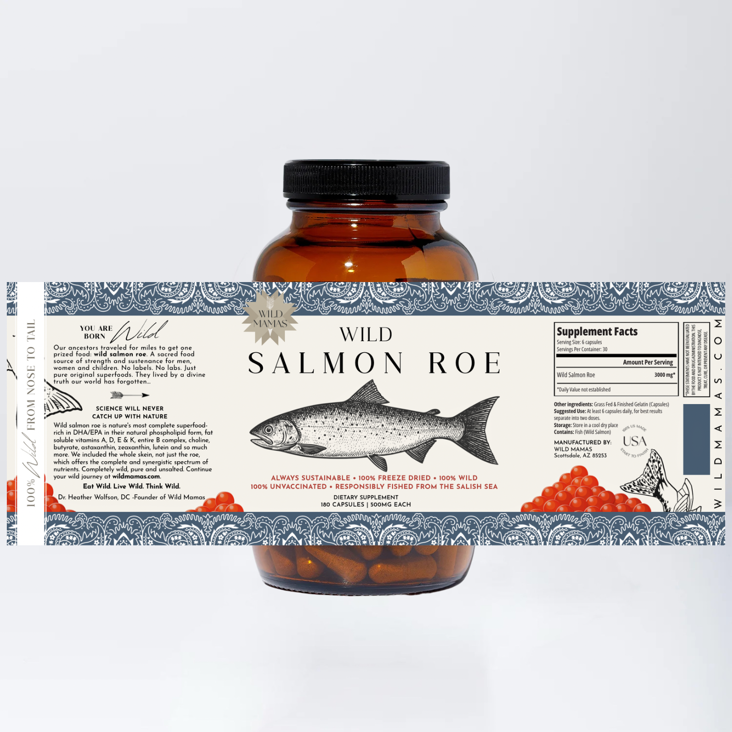 A brown jar labeled "Wild Salmon Roe" by Wild Mamas features a fish illustration, supplement facts, and describes the sustainably sourced, wild, 100% freeze dried salmon roe in grass-fed beef gelatin capsules for whole-food nutrition.
