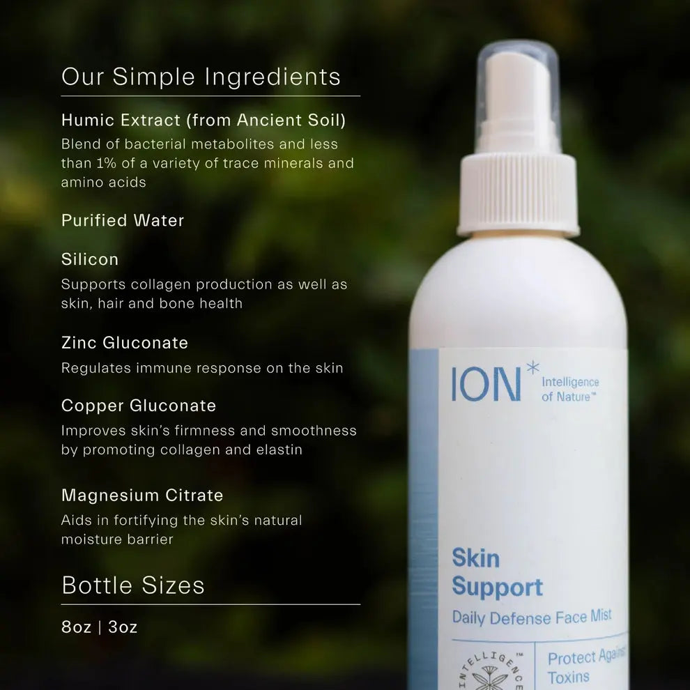 The image displays a white spray bottle labeled "ION* Skin Support Daily Defense Face Mist," set against a blurred natural backdrop. The text to the left lists the ingredients: Humic Extract, Purified Water, Silicon, Quercetin, Copper Gluconate, and Magnesium Citrate. This product is designed to strengthen your skin barrier and support your skin's microbiome.