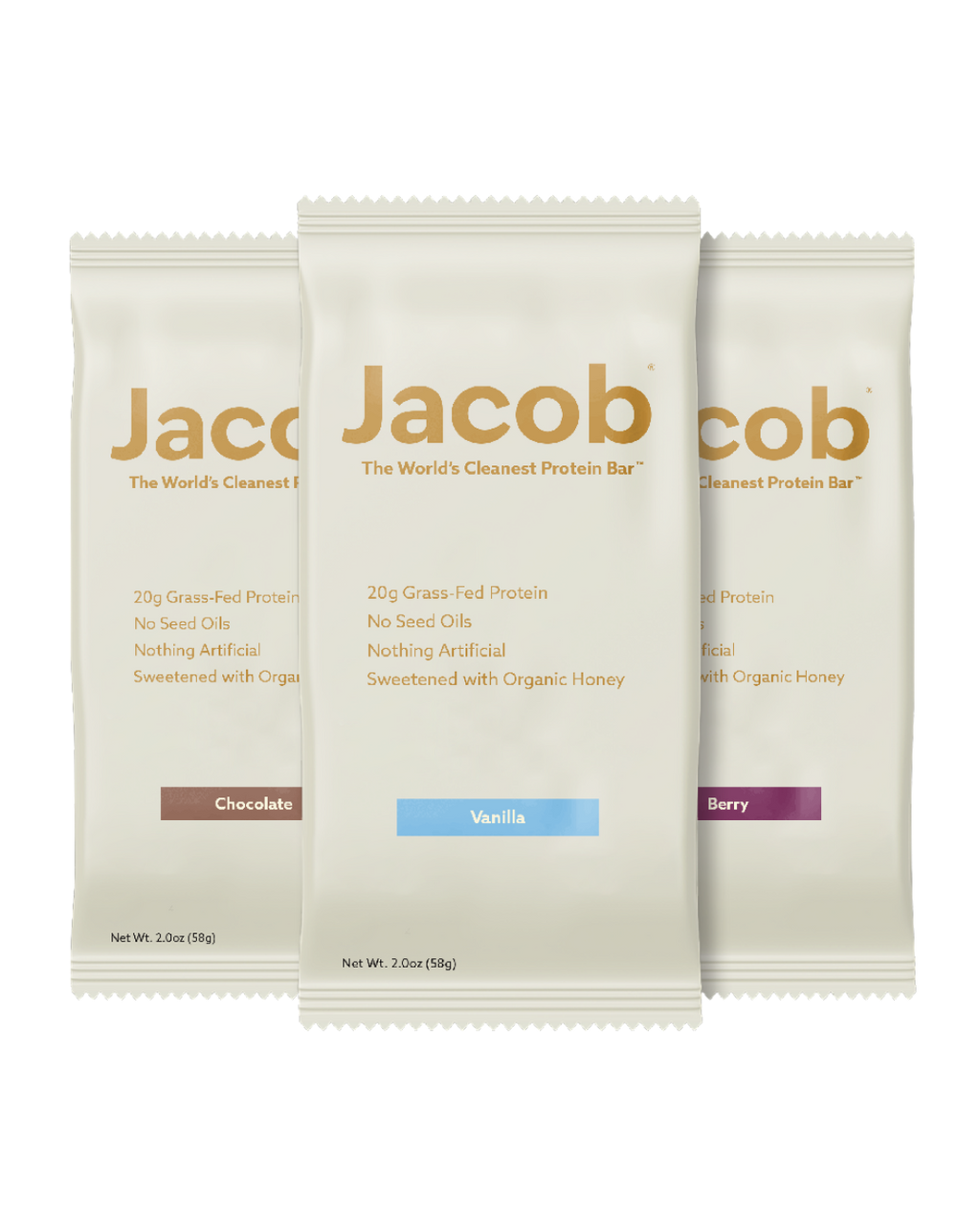 Three packages of The Jacob Bar by Jacob are shown in chocolate, vanilla, and berry. Each highlights 20g protein, no seed oils, nothing artificial, and is sweetened with organic honey.