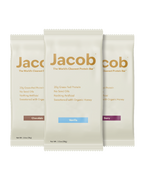 Three packages of The Jacob Bar by Jacob are shown in chocolate, vanilla, and berry. Each highlights 20g protein, no seed oils, nothing artificial, and is sweetened with organic honey.