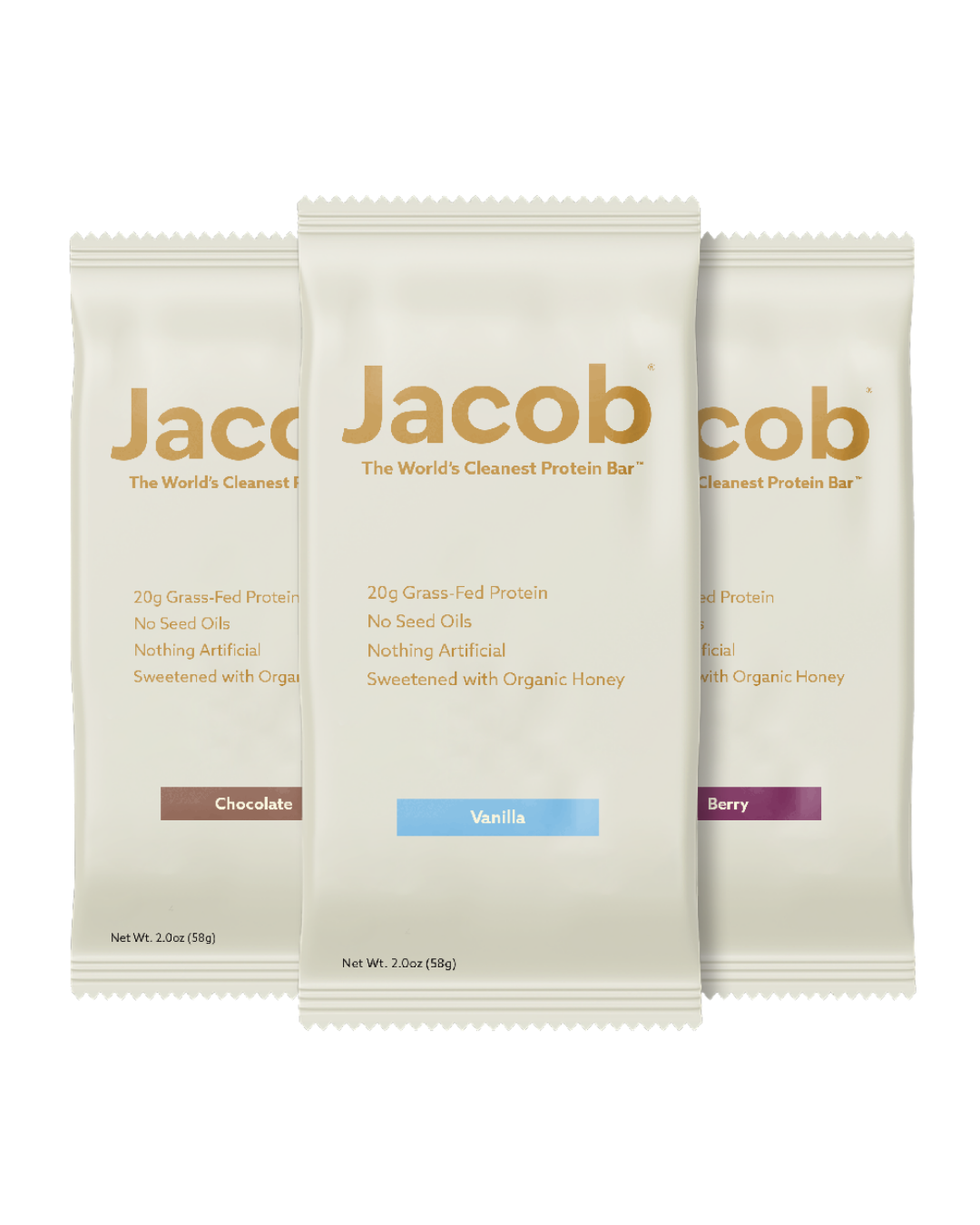 Three packages of The Jacob Bar by Jacob are shown in chocolate, vanilla, and berry. Each highlights 20g protein, no seed oils, nothing artificial, and is sweetened with organic honey.