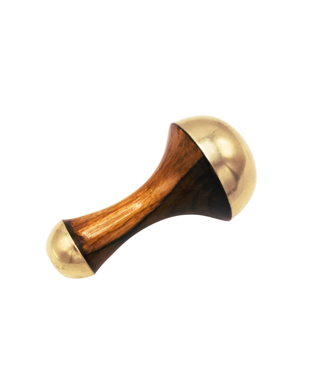 The Surya Kansa Wand is a handheld massager with a wooden handle and rounded, gold-colored metal ends—an essential Ayurveda skincare tool—shown on a plain white background.