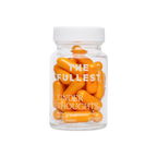 A clear bottle of "Kinder Thoughts" by THE FULLEST contains yellow-orange dietary saffron capsules, suggesting a mood-boosting blend. The label highlights 30 capsules inside, with the white background enhancing its simple appeal.