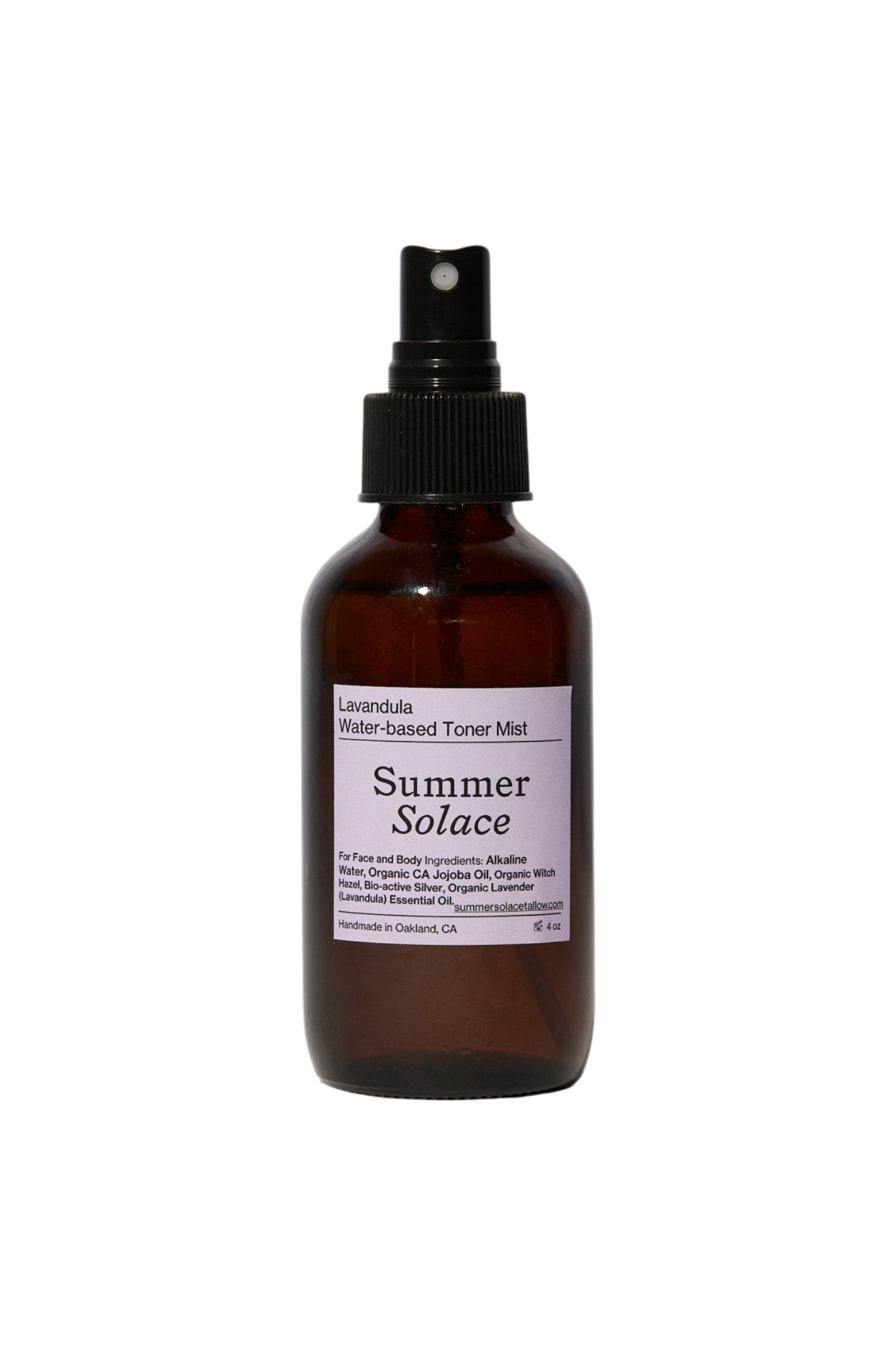 A brown spray bottle labeled "Lavender & White Lotus Toner – Organic Floral Mist" from Summer Solace Tallow, with a lavender label, shown against a plain white background.