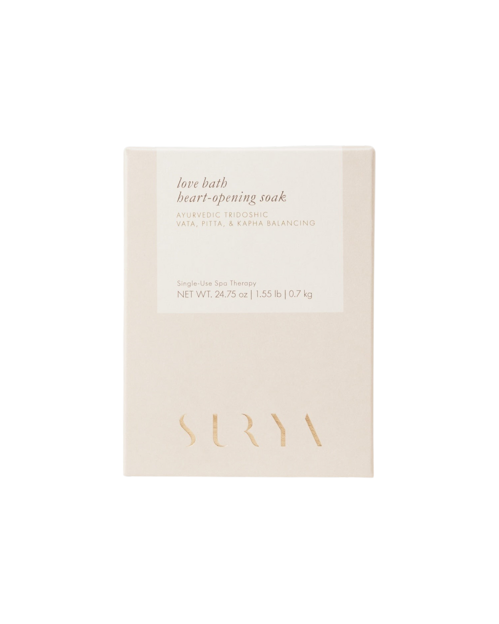 Surya's Love Bath Heart-Opening Soak comes in a beige, minimalistic 24.75 oz box and features an Ayurvedic blend with mood-elevating botanicals for Tridoshic balance.