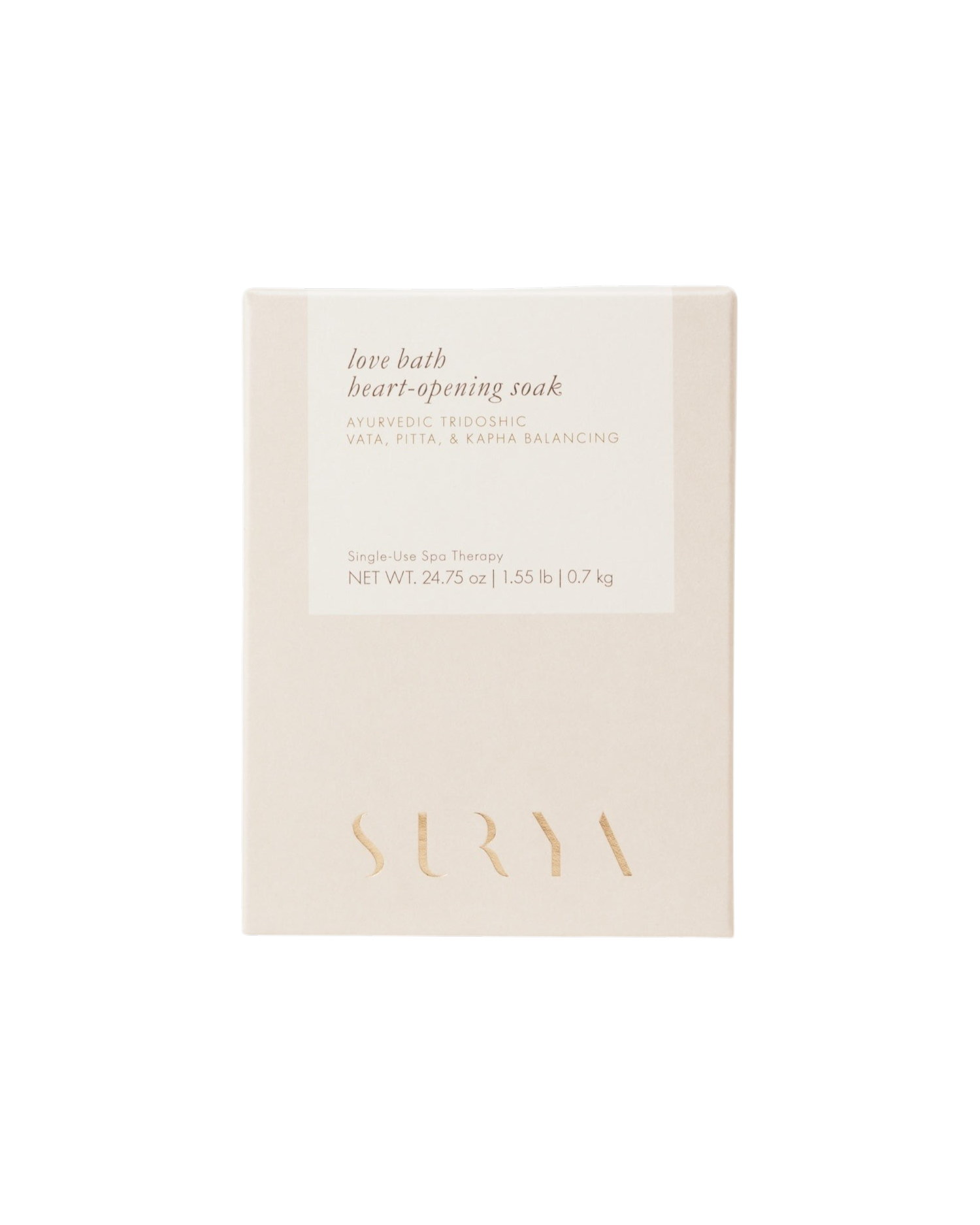 Surya's Love Bath Heart-Opening Soak comes in a beige, minimalistic 24.75 oz box and features an Ayurvedic blend with mood-elevating botanicals for Tridoshic balance.