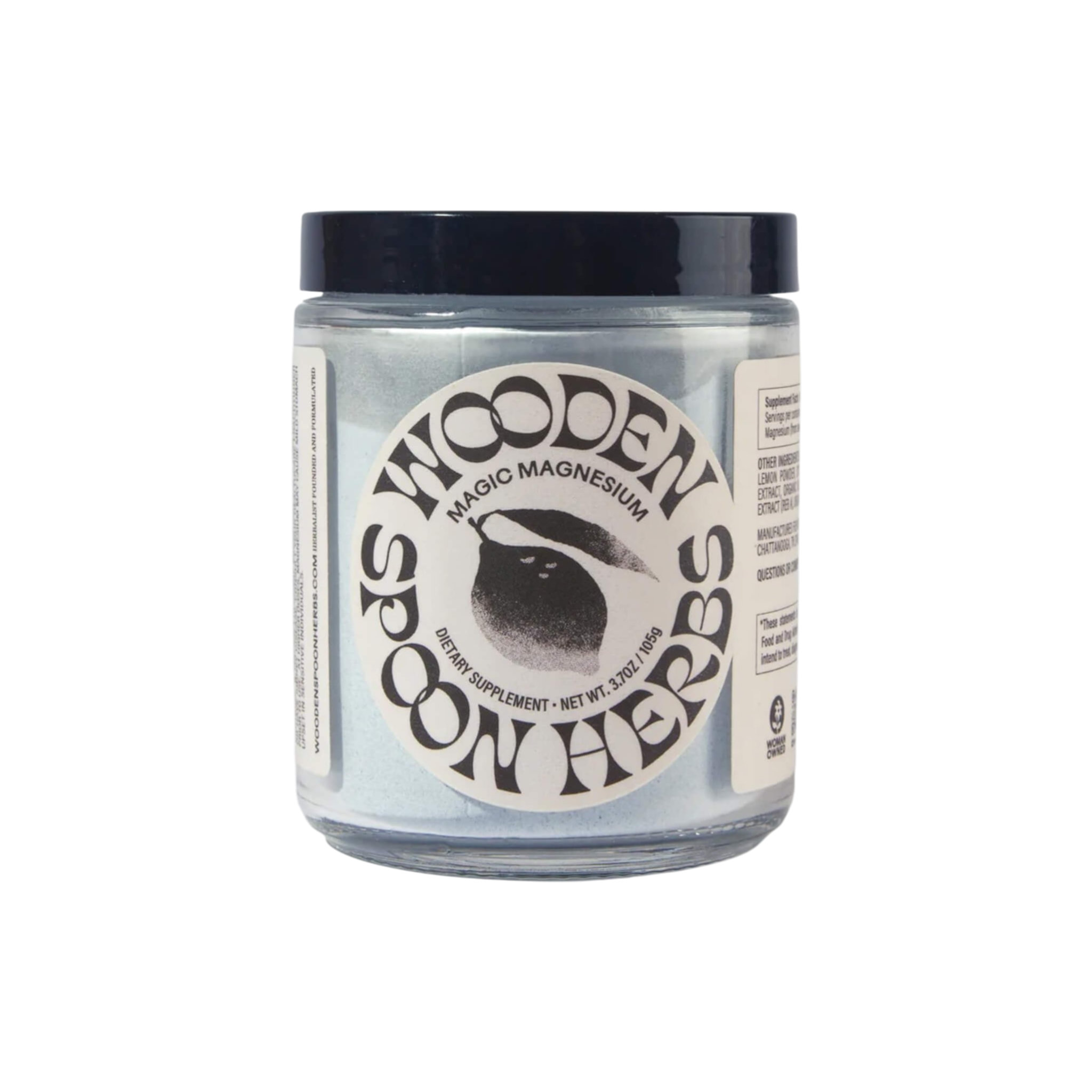 A clear jar with a dark lid labeled “WOODEN SPOON HERBS Magic Magnesium,” this powdered supplement features black text, a spoon graphic, and highlights magnesium citrate plus essential trace minerals.