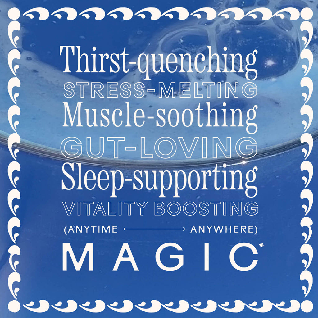 A glass of blue liquid with white foam sits against a blue background, bordered by wavy white lines. Text reads: “Thirst-quenching, Muscle-soothing, Gut-loving, Calm-inducing, Sleep-supporting—Magic Magnesium by WOODEN SPOON HERBS.”.