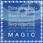 A glass of blue liquid with white foam sits against a blue background, bordered by wavy white lines. Text reads: “Thirst-quenching, Muscle-soothing, Gut-loving, Calm-inducing, Sleep-supporting—Magic Magnesium by WOODEN SPOON HERBS.”.