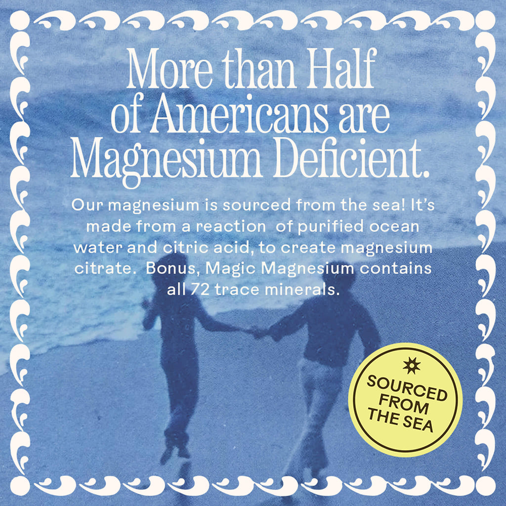 A blue-toned image shows two people running by the sea. Text: "Over Half of Americans Are Magnesium Deficient." Magic Magnesium by WOODEN SPOON HERBS supports energy with Magnesium Citrate. Yellow badge: "Sourced from the Sea.