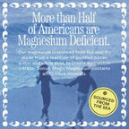 A blue-toned image shows two people running by the sea. Text: "Over Half of Americans Are Magnesium Deficient." Magic Magnesium by WOODEN SPOON HERBS supports energy with Magnesium Citrate. Yellow badge: "Sourced from the Sea.