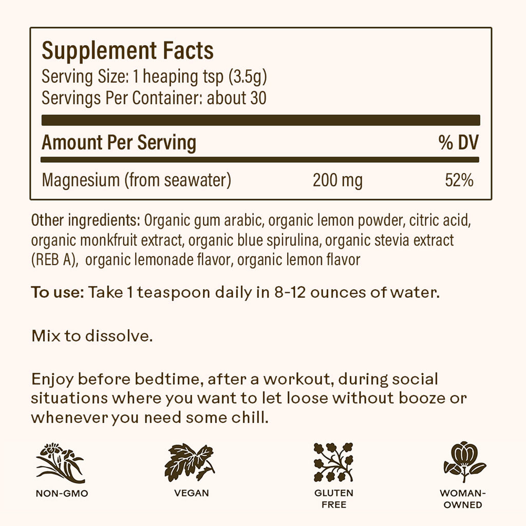 Magic Magnesium by WOODEN SPOON HERBS: Supplement Facts—200 mg Magnesium Citrate per serving. Ingredients, usage instructions, and icons for non-GMO, vegan, gluten-free, woman-owned. Supports energy and calm in every scoop.