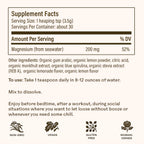 Magic Magnesium by WOODEN SPOON HERBS: Supplement Facts—200 mg Magnesium Citrate per serving. Ingredients, usage instructions, and icons for non-GMO, vegan, gluten-free, woman-owned. Supports energy and calm in every scoop.