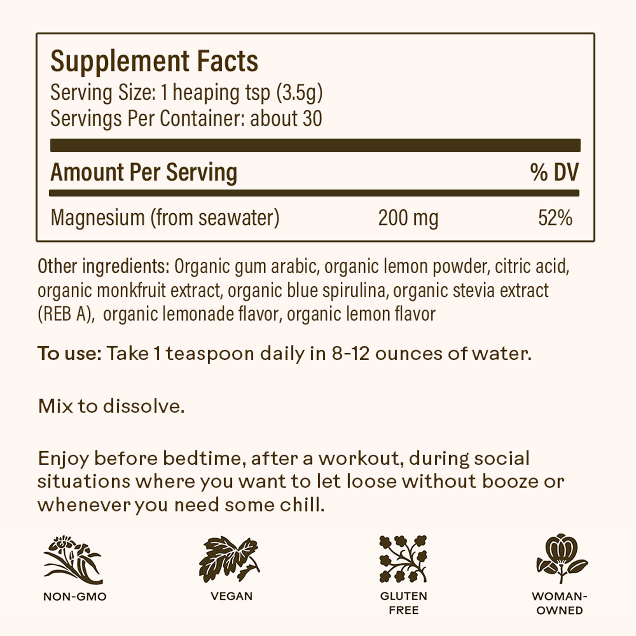 Magic Magnesium by WOODEN SPOON HERBS: Supplement Facts—200 mg Magnesium Citrate per serving. Ingredients, usage instructions, and icons for non-GMO, vegan, gluten-free, woman-owned. Supports energy and calm in every scoop.