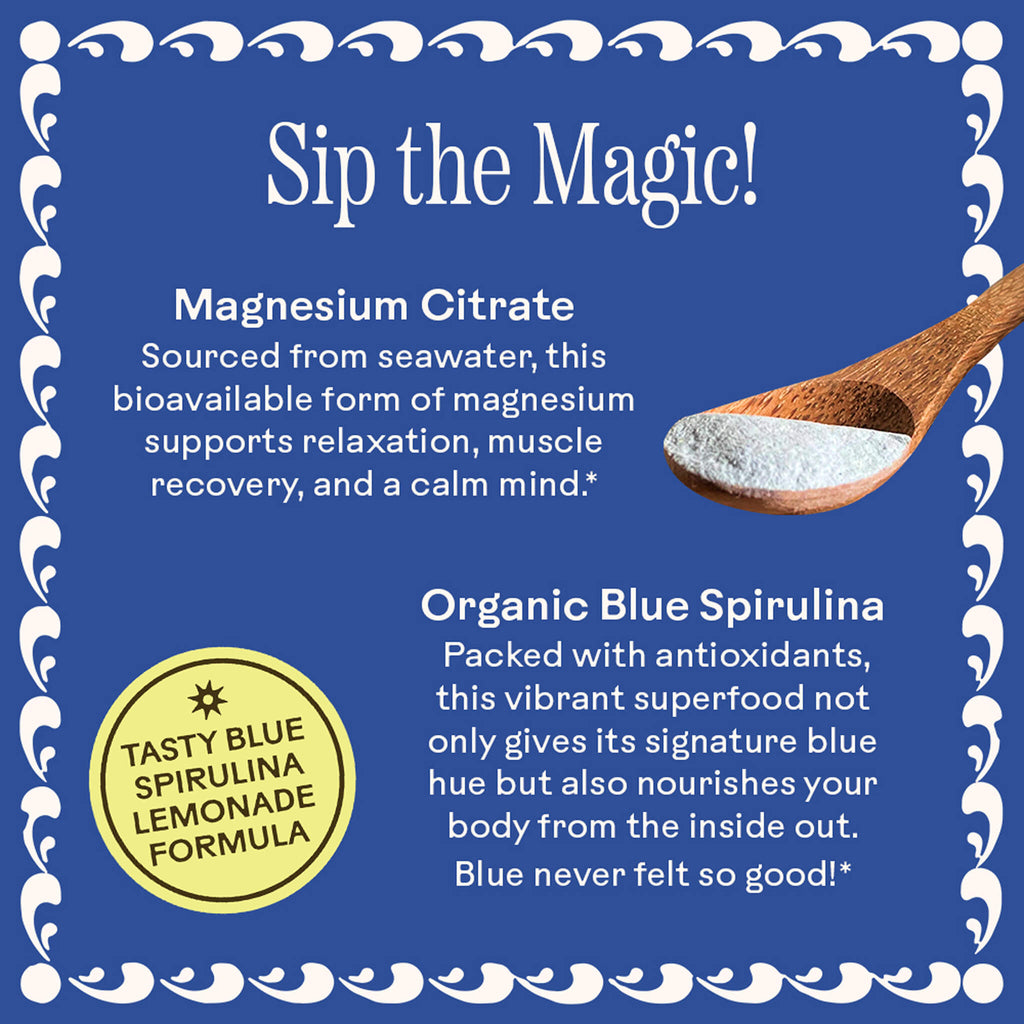 A decorative graphic features text about Magic Magnesium benefits for calm and energy, a wooden spoon with powder, and a "Tasty Blue Spirulina Lemonade Formula" badge from WOODEN SPOON HERBS, all on a blue background with a wavy white border.