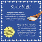 A decorative graphic features text about Magic Magnesium benefits for calm and energy, a wooden spoon with powder, and a "Tasty Blue Spirulina Lemonade Formula" badge from WOODEN SPOON HERBS, all on a blue background with a wavy white border.