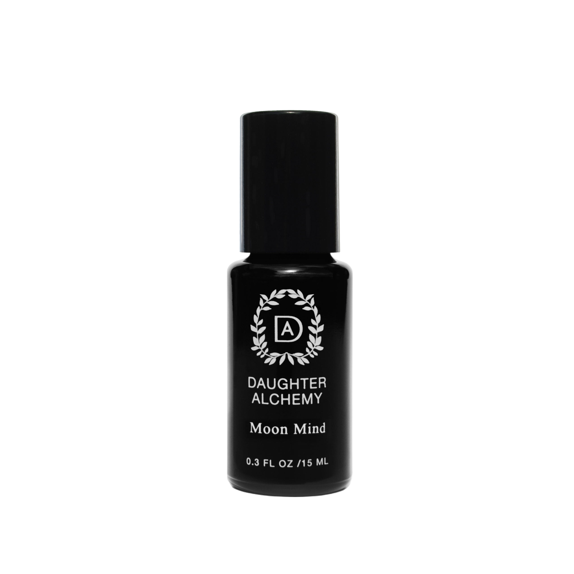 A small black bottle with a black cap labeled "Daughter Alchemy." The label features a decorative emblem with the initials "DA" inside a circular design. Below the logo, the text reads "Moon Mind® Meditative Body Oil," highlighting its essence as a meditative oil made from organic ingredients. The bottle contains 0.3 Fl Oz (15 ML) of liquid.