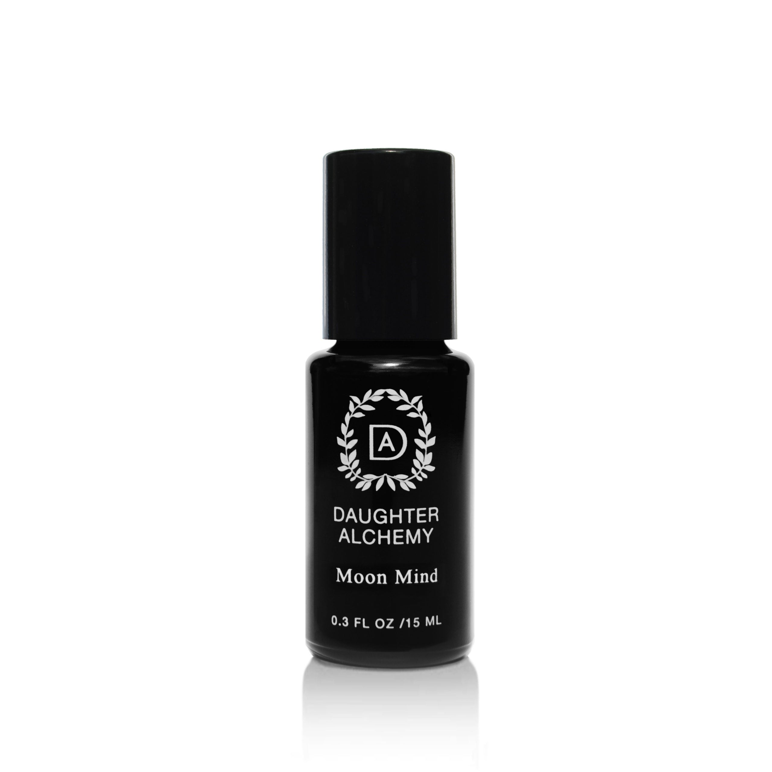 A small black bottle of Daughter Alchemy’s Moon Mind® Botanical Intuition Oil with a white logo, black cap, and text, set against a white background. This 0.3 fl oz (15 ml) oil features organic jasmine and ylang ylang essential oils.