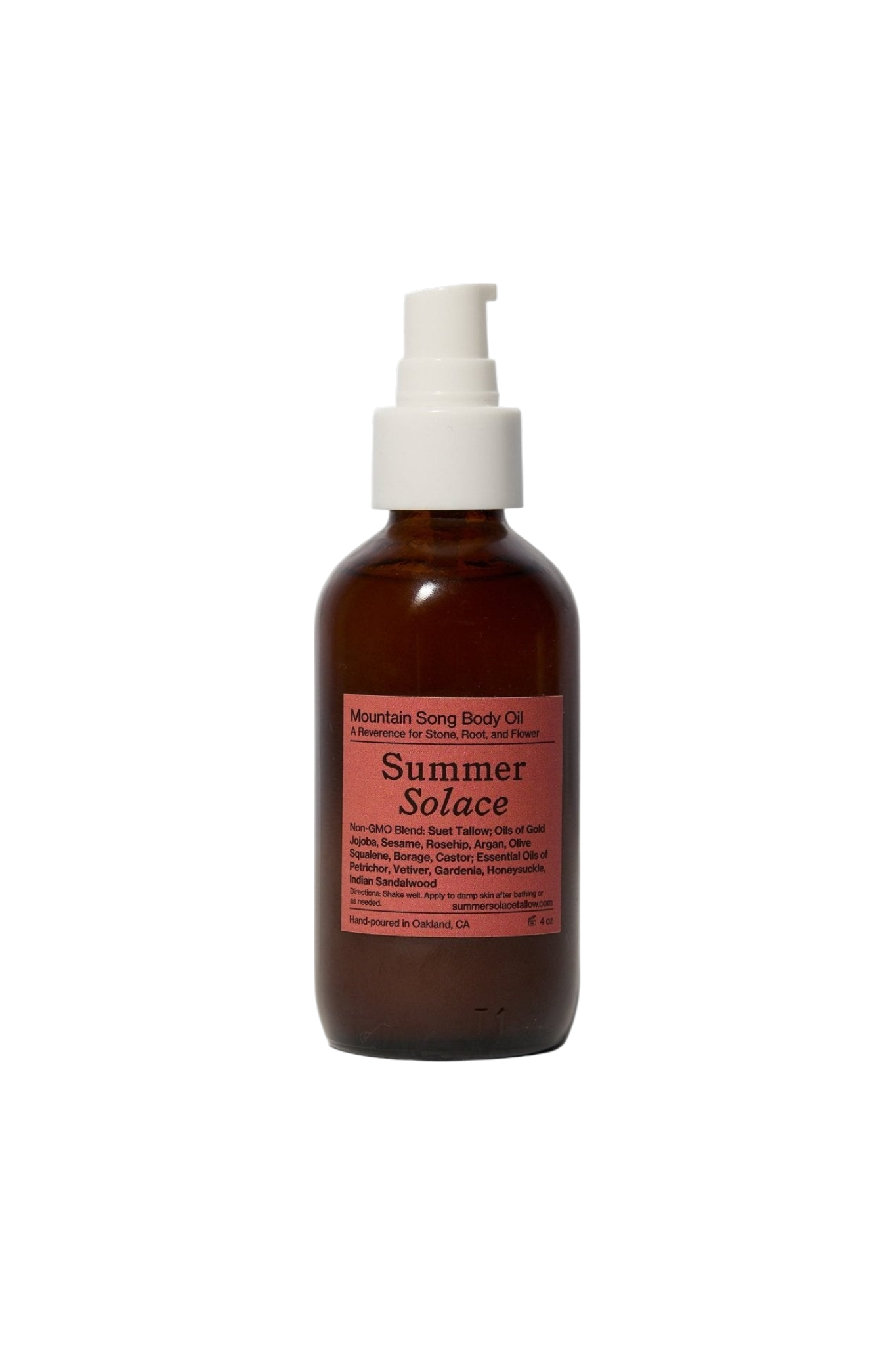 A brown glass pump bottle labeled "Mountain Song Body and Hair Oil – Petrichor, Gardenia, Honeysuckle (Limited Edition)" by Summer Solace Tallow, featuring a pink label, set against a plain white background.