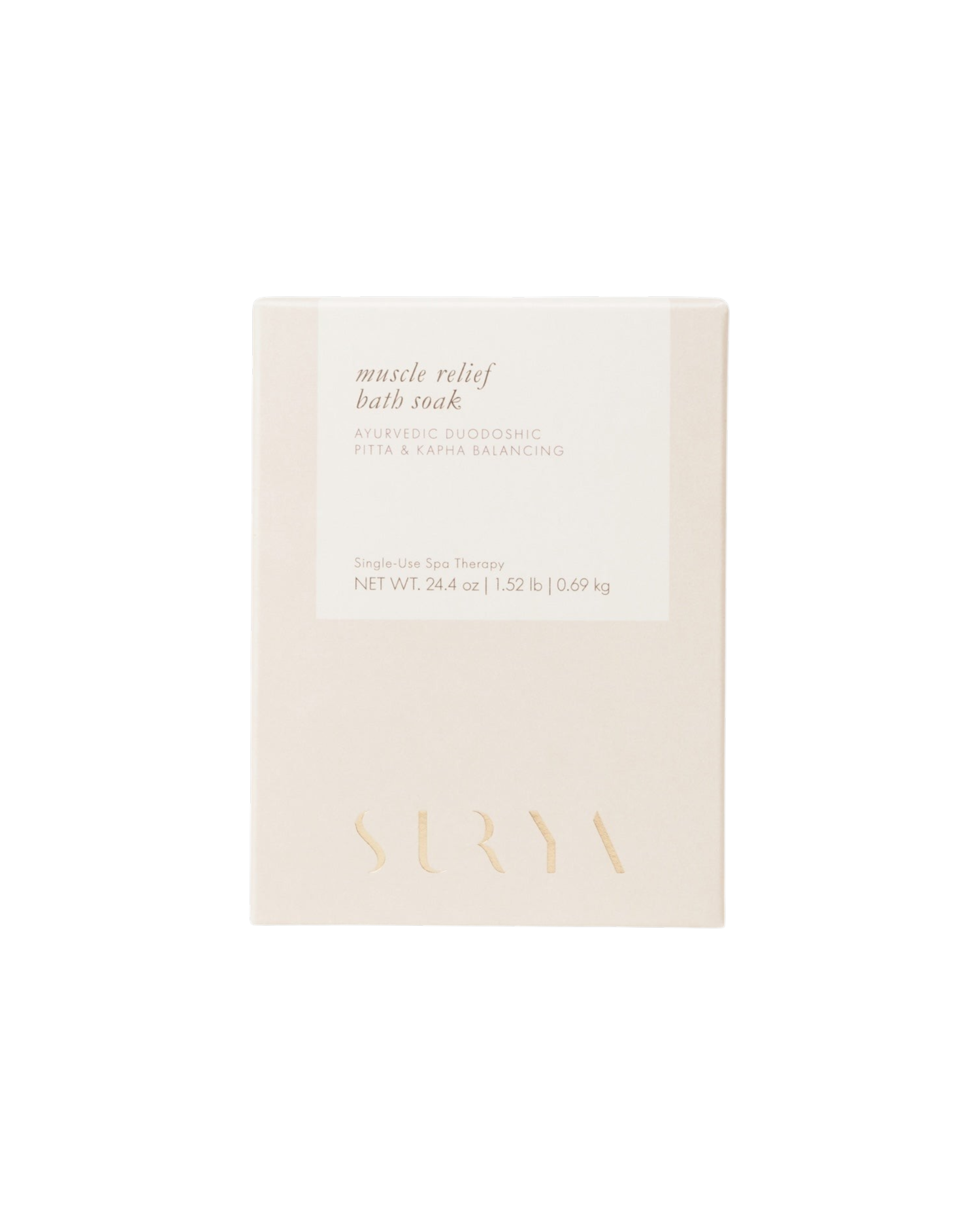 Minimalist beige and white box labeled "Muscle Relief Bath Soak" by Surya, featuring arnica montana for anti-inflammatory support, Ayurvedic doshic balancing, single-use spa therapy, and net weight 24.4 oz (0.69 kg).