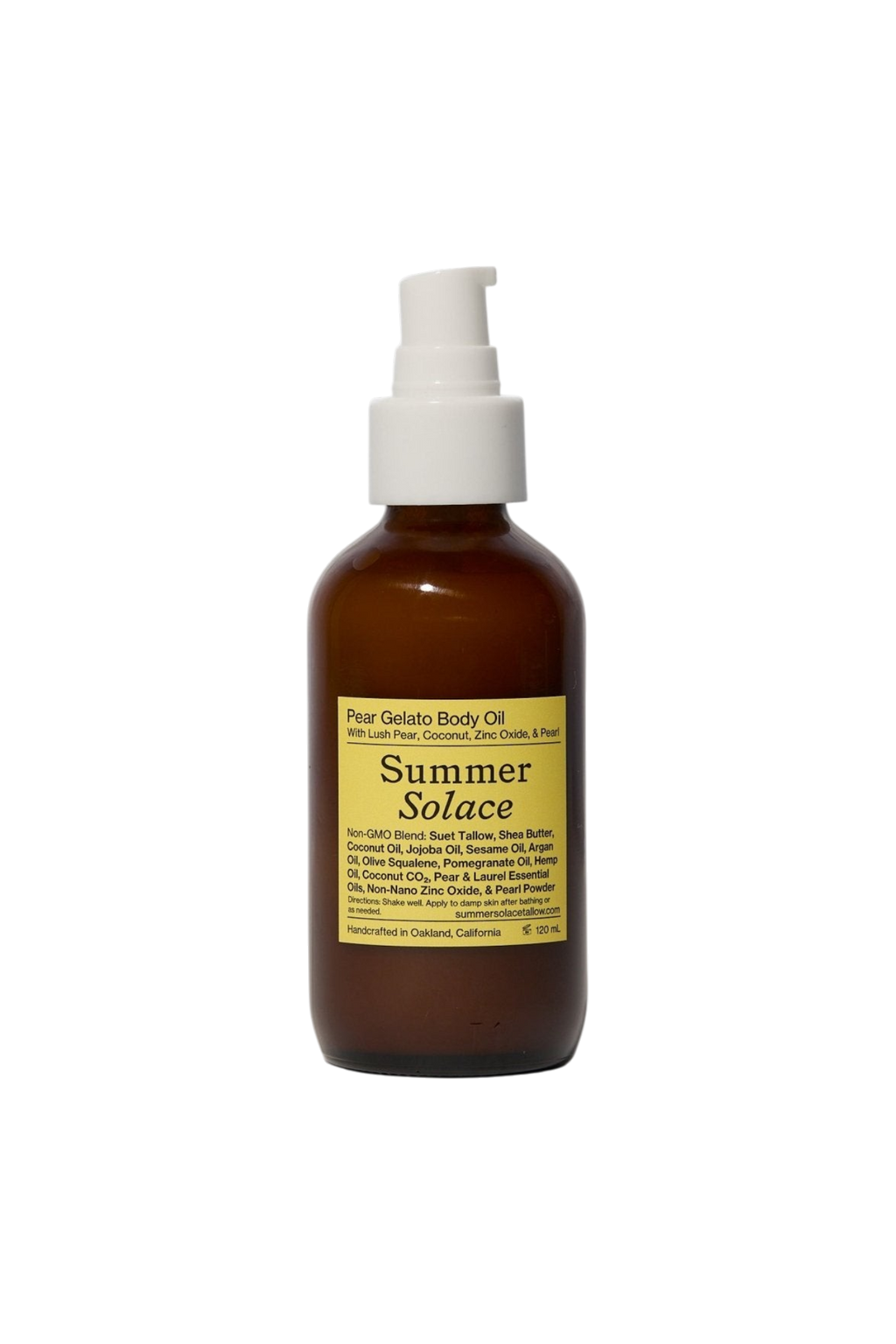 A brown glass pump bottle of Summer Solace Tallow's Pear Gelato Body Oil – Zinc and Pearl Extract (Limited Edition) with a yellow ingredient label is displayed against a white background.