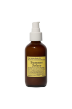 A brown glass pump bottle of Summer Solace Tallow's Pear Gelato Body Oil – Zinc and Pearl Extract (Limited Edition) with a yellow ingredient label is displayed against a white background.