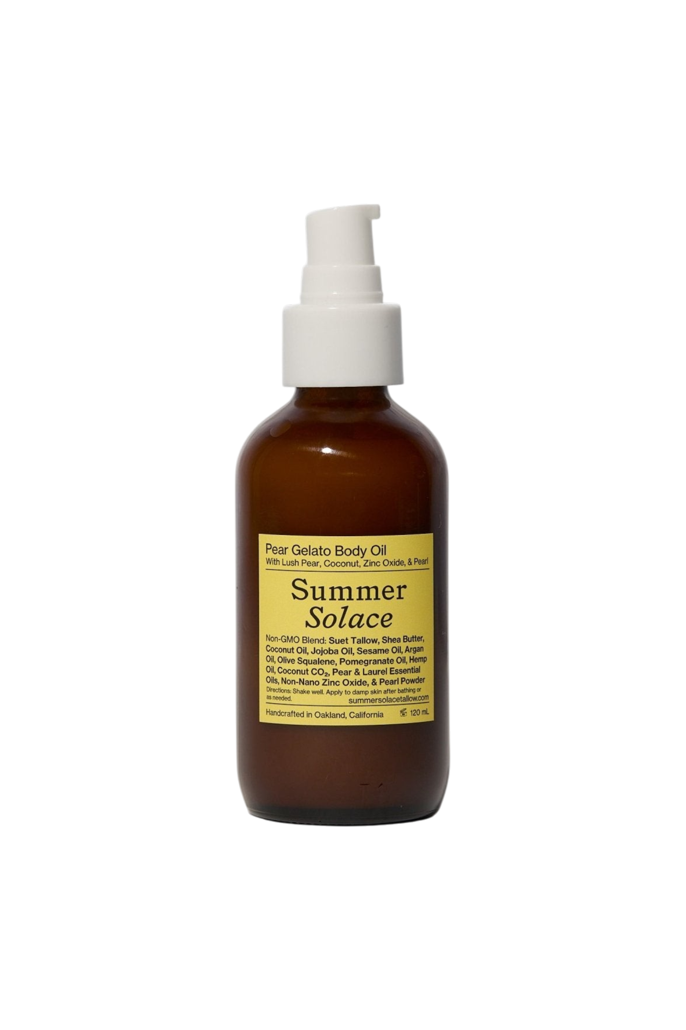 A brown glass pump bottle of Summer Solace Tallow's Pear Gelato Body Oil – Zinc and Pearl Extract (Limited Edition) with a yellow ingredient label is displayed against a white background.