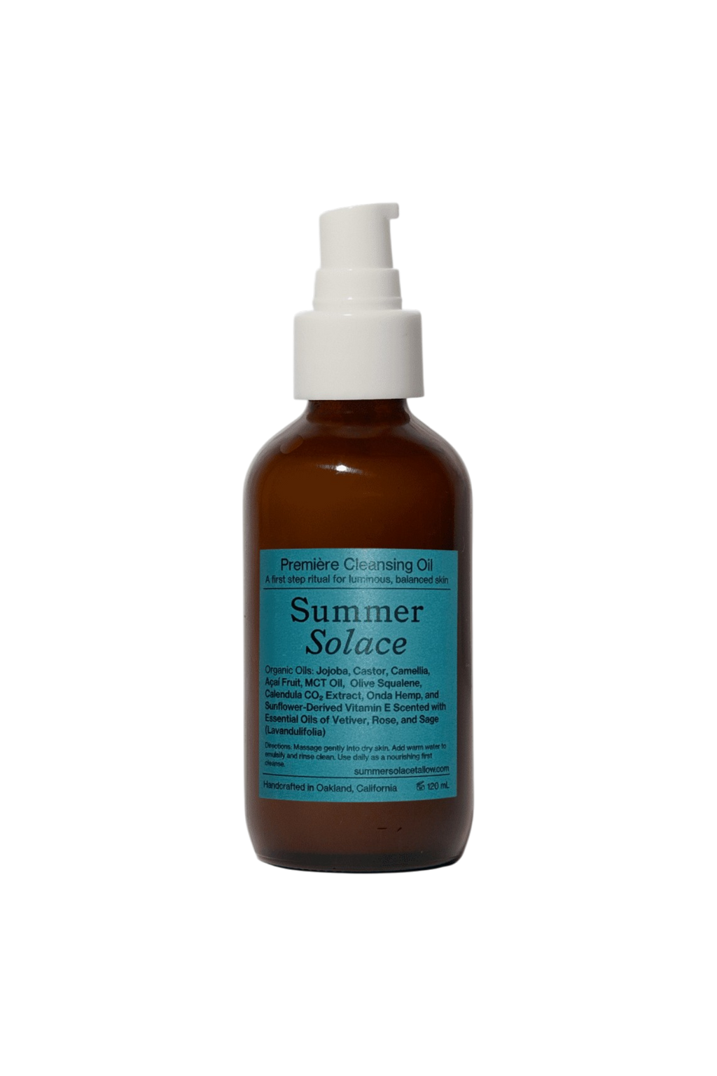 A brown pump bottle labeled "Première Cleansing Oil – Barrier-Respecting Oil Cleanser" from Summer Solace Tallow features a blue label, highlighting organic oils and natural ingredients for makeup, sunscreen, and daily buildup removal.