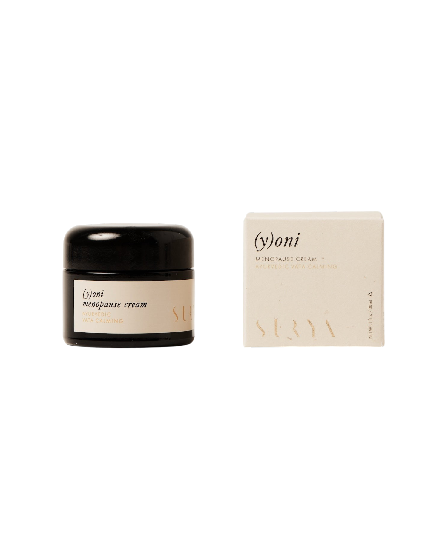A black jar of Surya (y)oni Menopause Cream sits beside its matching beige minimalist box on a white background—ideal for ayurvedic menopause support and soothing vaginal dryness.
