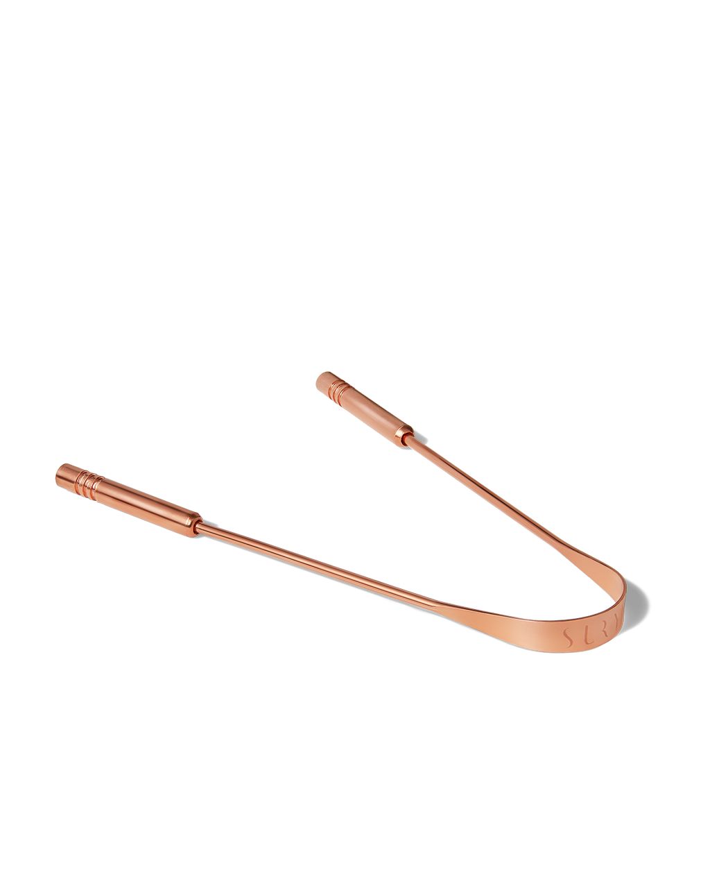 The Surya Copper Tongue Scraper, designed for Ayurvedic wellness, features two straight handles and a curved edge. Displayed on a white background.