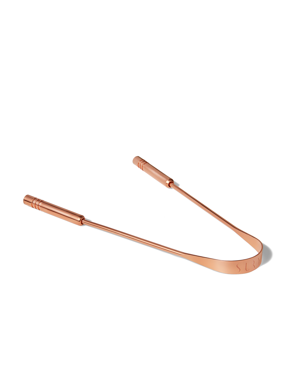 The Surya Copper Tongue Scraper, designed for Ayurvedic wellness, features two straight handles and a curved edge. Displayed on a white background.
