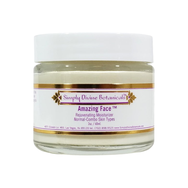 A clear jar with a white lid labeled "Simply Divine Botanicals Amazing Face Rejuvenating Nourishing Moisturizer," featuring a cream enriched with natural ingredients for deep hydration.