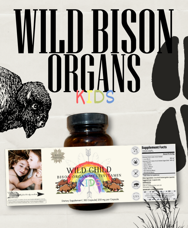 A bottle labeled "Wild Child - Complete Multivitamin For Kids" from Wild Mamas features playful kids’ graphics, bold product text, bison and paw designs, and a supplement facts label highlighting its bison organ blend.
