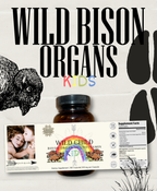 A bottle labeled "Wild Child - Complete Multivitamin For Kids" from Wild Mamas features playful kids’ graphics, bold product text, bison and paw designs, and a supplement facts label highlighting its bison organ blend.