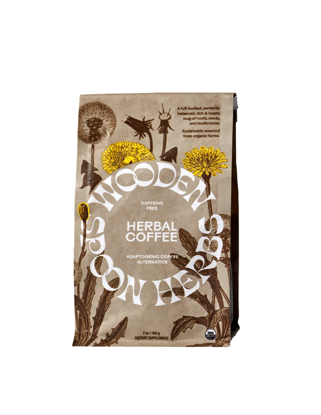 A brown paper bag of WOODEN SPOON HERBS Herbal Coffee, decorated with dandelion illustrations and labeled as a caffeine-free, adaptogenic coffee alternative.