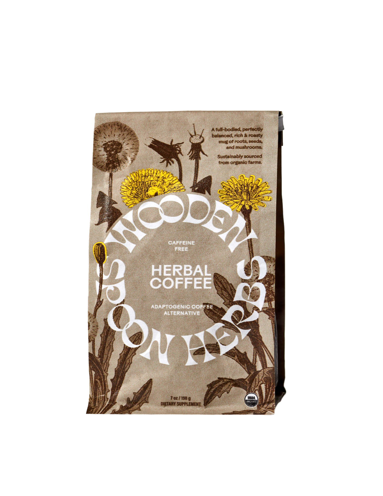 A brown paper bag of WOODEN SPOON HERBS Herbal Coffee, decorated with dandelion illustrations and labeled as a caffeine-free, adaptogenic coffee alternative.