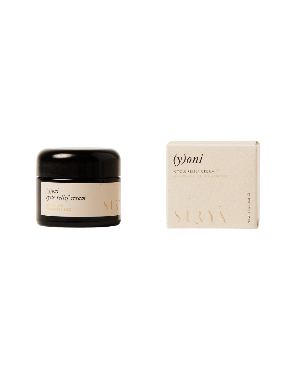 A small jar of Surya (y)oni Cycle Relief Cream, an Ayurvedic formula for menstrual relief, sits beside its matching beige box with minimalist black text on a white background.