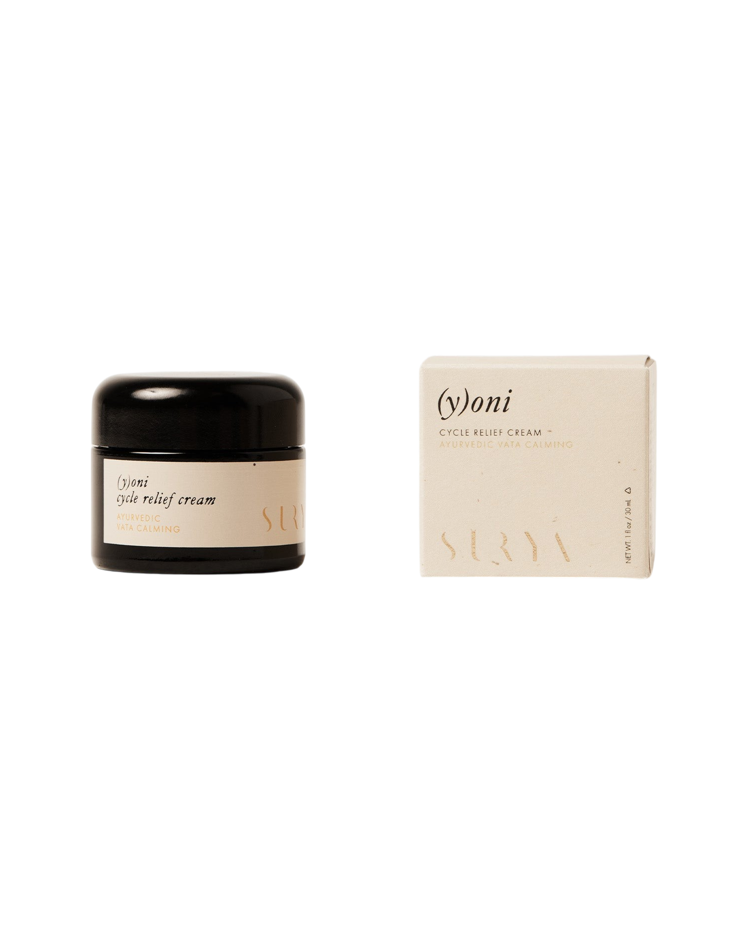 A small jar of Surya (y)oni Cycle Relief Cream, an Ayurvedic formula for menstrual relief, sits beside its matching beige box with minimalist black text on a white background.